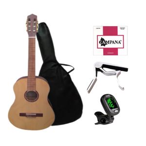 Guitarra clásica Sequeira + funda acolchonada + encordado Campana + afinador T2 + capodastro Alice 007