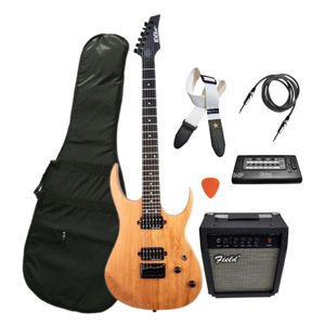 Guitarra eléctrica Newen Rock natural + amplificador Field 10 + correa + afinador Texas + cable + púa suelta + funda