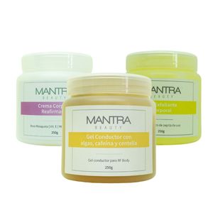 Kit Rutina Corporal: crema reafirmante, gel exfoliante y gel conductor - Mantra
