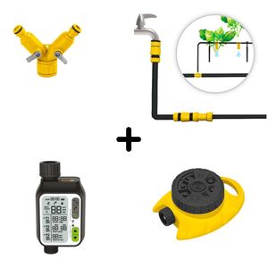 Combo Sistema de Riego  61 Piezas+Temporizador+ Sensor Lluvia+Rociador 8 Patrones+Conector Y +Aplique Rápido Konan.