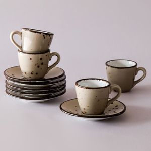 Set X 6 Taza Pocillo Jarrito + Plato Porcelana Café Marrón Rústico