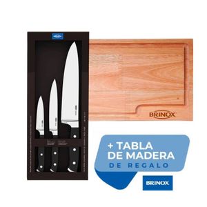 SET DE 3 CUCHILLOS BRINOX -  ACERO INOX PCHEF  TABLA MADERA (2519114) (LBRIN00596)