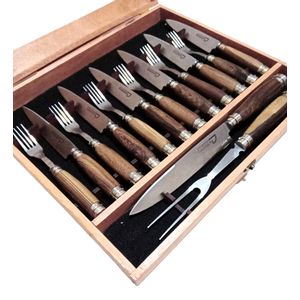 Juego de cuchillo y tenedor + SET parrillero para 6 personas. Mango de Guayubira y Virolas de Alpaca