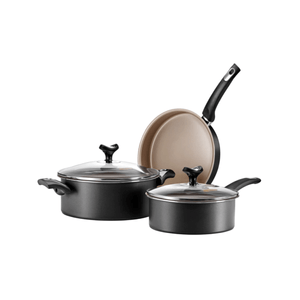 SET 5 PIEZAS MARMICOC-SABORES (SARTÉN 24CM 2 CACEROLAS 20CM Y 24CM 2 TAPAS DE VIDRIO) NEGRO Y DORADO