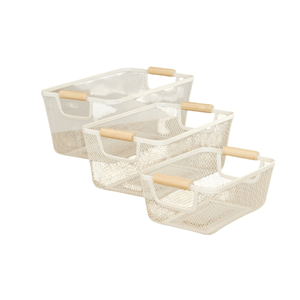 Set x 3 Organizador Canasto Cesto Alacena Cocina Metal Madera Natural
