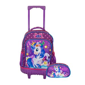 Mochila Carrito con luces led + Cartuchera Escolar Reforzada para nena Unicornio