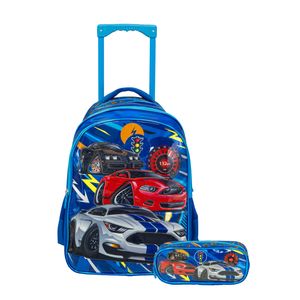 Mochila Carrito + Cartuchera Escolar Reforzada Nene Varon Primaria Autos Funda Para Ruedas