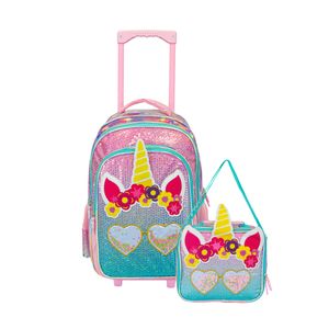 Mochila Carrito Escolar + Lunchera Infantil Unicornio Lentejuelas Kawaii Primaria Reforzada