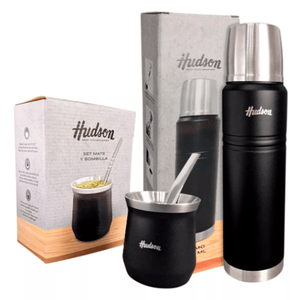 Set Hudson Negro: Mate Con Bombilla + Termo 1 Lts Acero Inox