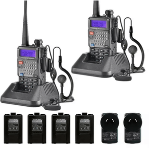 Handy Baofeng UV-5RE Kit x2 Bi-Banda 5w 128CH Hasta 10km + 4 Baterías y 2 Manos Libres