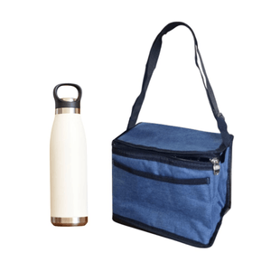 Set Vianda lunchera escolar conservadora azul + botella termica acero blanca