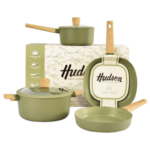 SET CACEROLA N°24 - N°18 CON MANGO, SARTÉN N°24 + BIFERA N°26 ANTIADHERENTE HUDSON OLIVE