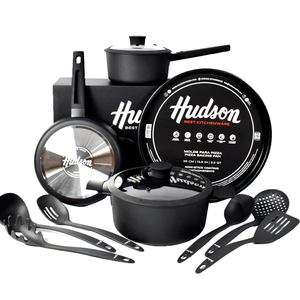 SET CACEROLA-OLLA-SARTÉN-PIZZERA + 6 UTENSILIOS HUDSON TEFLON NEGRO