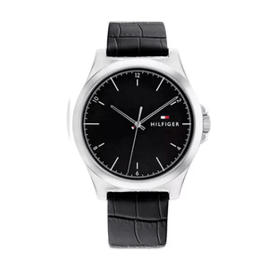 RELOJ ANALÓGICO TOMMY HILFIGER - CAJA CUARZO PLATEADA ESFERA NEGRA MALLA CUERO NEGRA (RTH0720)