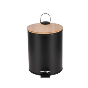 Cesto Residuos Acero Negro 5 Lts Tapa Bambú Hogar Actual
