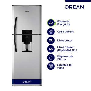 HELADERA 394 LTS A+ SILVER CICLICA CON DISPENSER ESTANTES DE VIDRIO