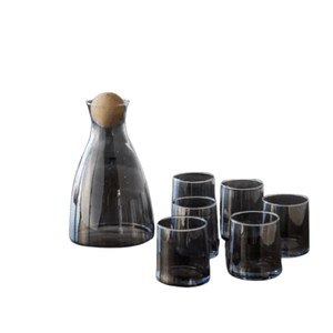 Set Botella Jarra con Tapa + 6 Vasos Deco Vidrio Gris Humo