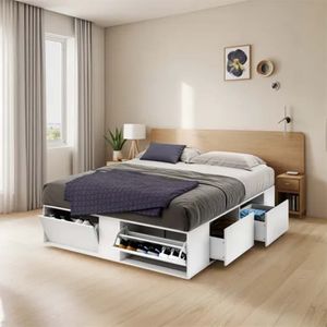 CAMA BOX DE 2 PLAZAS BLANCA CON CAJONES Y ZAPATERO 1,40 O 1,60 X 2 M