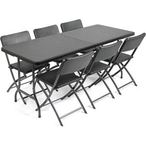 Mesa Plegable Rattan Negro + 6 Sillas Rattan Set Quincho Jardin