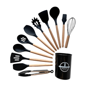 Juego Utensillos De Cocina 11 P C/ Soporte Madera Y Silicona