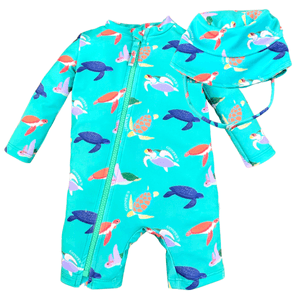 Trajes de baño con piluso, tortugas marinas. Para bebes de 6 a 24 meses