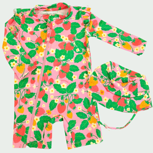 Trajes de baño con gorro, frutillas silvestres. Para bebes de 6 a 24 meses