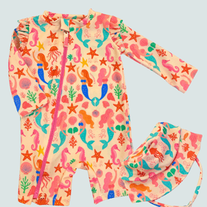 Trajes de baño con gorro para bebes. Talles de 6 a 24 meses. Malla de Sirenitas