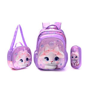 Set Escolar 3 en 1 Conejito Bani – Mochila 16” + Lunchera + Cartuchera (Violeta)