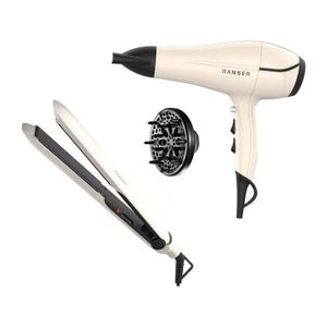 Combo Set Secador De Pelo 2000w y Planchita Tourmaline Ceramic Ranser Blanco