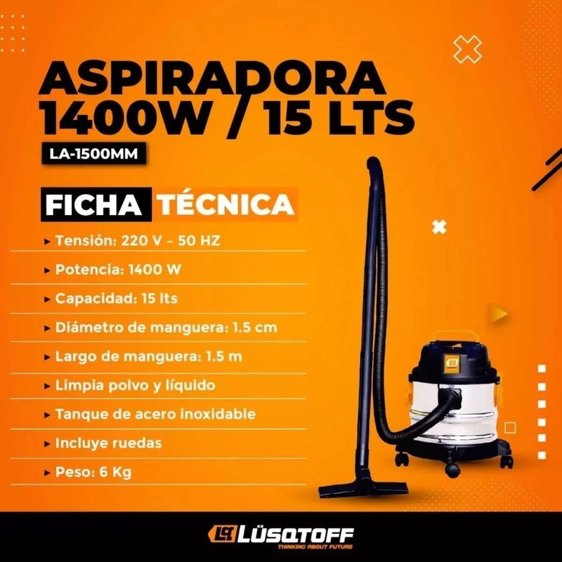 Aspiradora Lusqtoff La-1500mm 1400w 15 Lts Polvo Y Líquidos