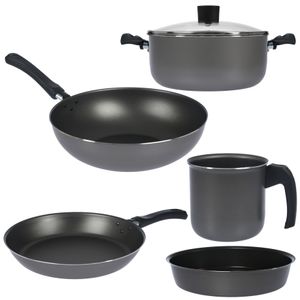 Bateria de Cocina 6 piezas Cacerola Sarten Wok Jarro Hervidor Aston Plata