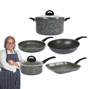 Bateria 7 Piezas Cacerola Olla Sartén Bifera Wok Aston Pedra Gris Antiadherente