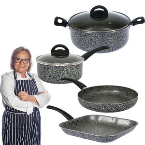 Bateria 6 Piezas Cacerola Olla Sartén Bifera Antiadherente Aston Pedra Gris