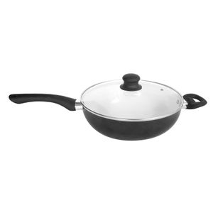 Wok Con Mango  Ø 26  Cm.Con Asa Y Tapa De Vidrio Carol 47126 NEG