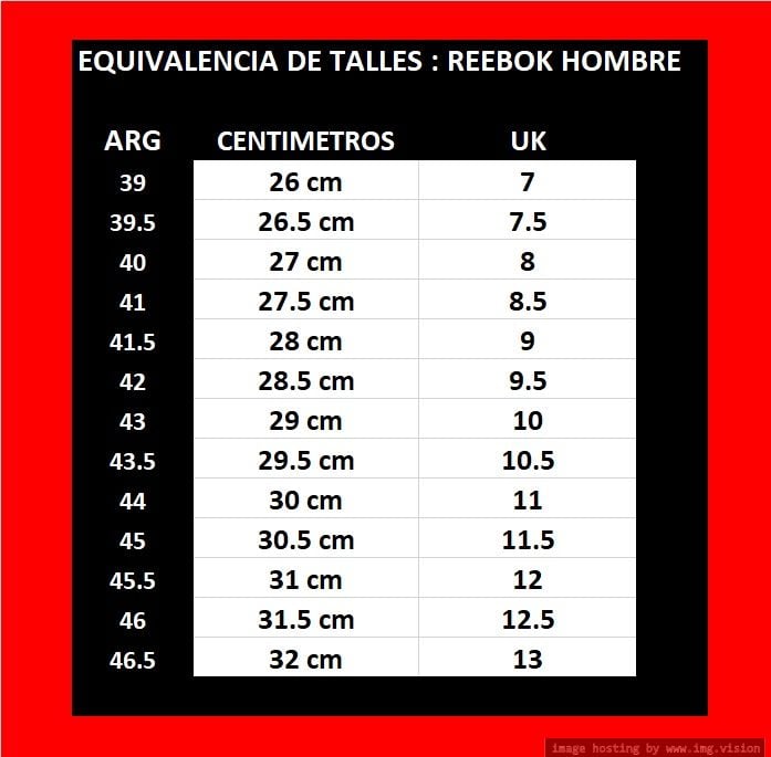 Size chart cheap shoes reebok