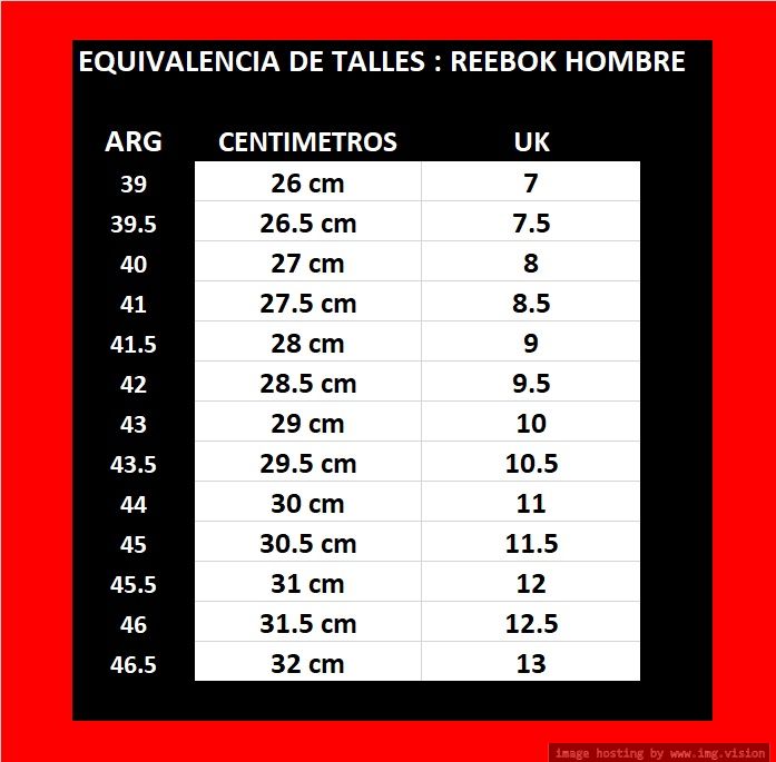 Size chart cheap reebok shoes