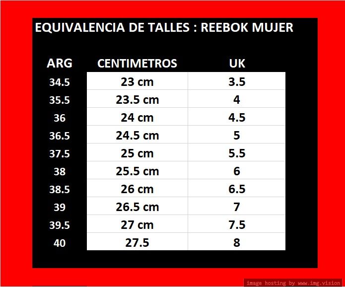 Reebok size store chart cm