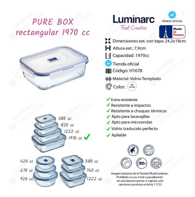 Luminarc Pure Box Active - Recipiente Hermetico Rectangular, Vidrio