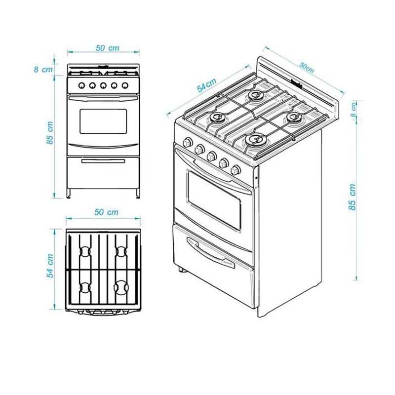 Cocina de 56 cm de ancho, para gas envasado o natural. Modelo