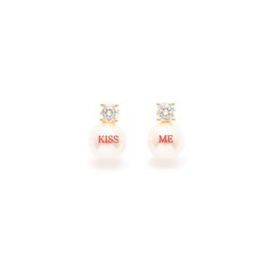 Aros Carmín Perla KISS ME de Plata 925 con Baño Dorado con Piedras Blancas