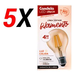 Pack X5 Lámparas Led Candela Filamento Clásica 4w Ambar