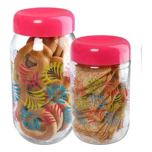Set X 2 Frasco Vidrio Decorado Cierre Rosca Tapa Plástica Fucsia