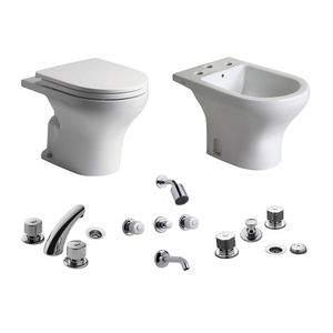Inodoro corto + bidet 3 agujeros + tapa Ferrum Veneto + grifería FV