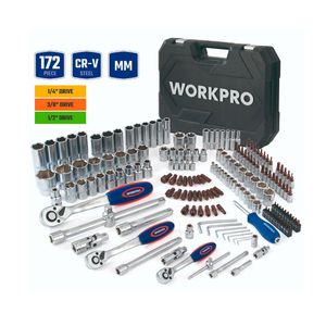 Juego De Herramientas 172 piezas Mecánicas De Encastre 1/4"+3/8"+1/2" WORKPRO  WP202545